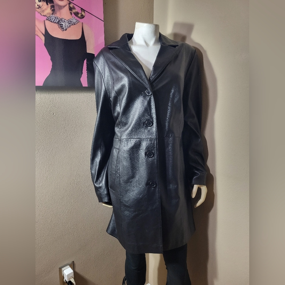 Prestige Womens Black Leather Long Coat Sz L 2000's Buffy Vibe